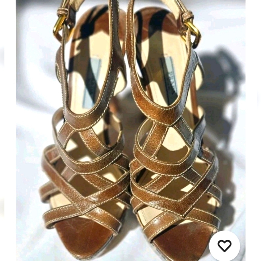 PRADA Brown Leather Caged Sandals Striped Wooden Heels Ankle Strap 36.5/6.5 Flaw